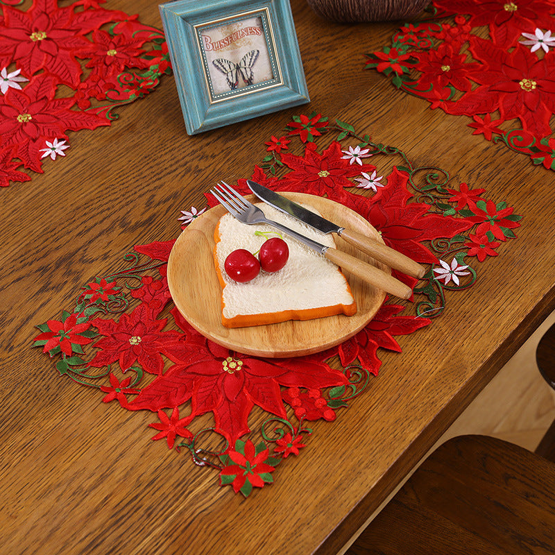 Jogo de Mesa Natalino Bordado Flores Vermelhas