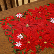 Jogo de Mesa Natalino Bordado Flores Vermelhas