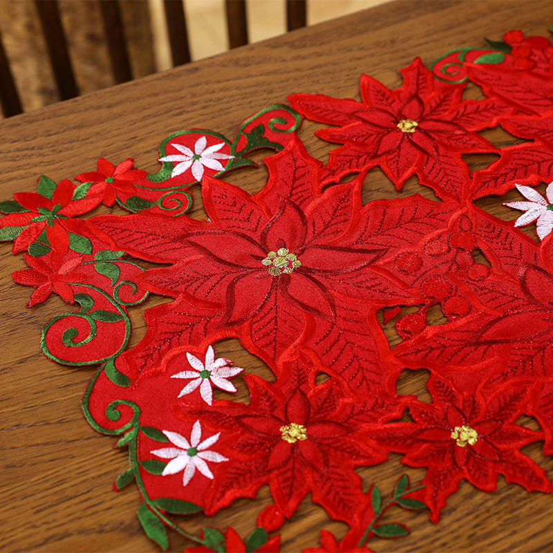 Jogo de Mesa Natalino Bordado Flores Vermelhas