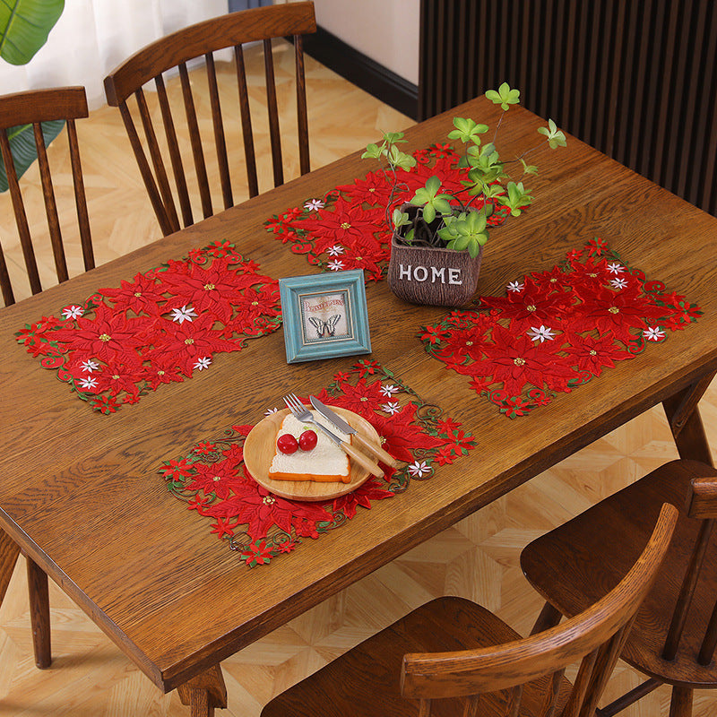 Jogo de Mesa Natalino Bordado Flores Vermelhas