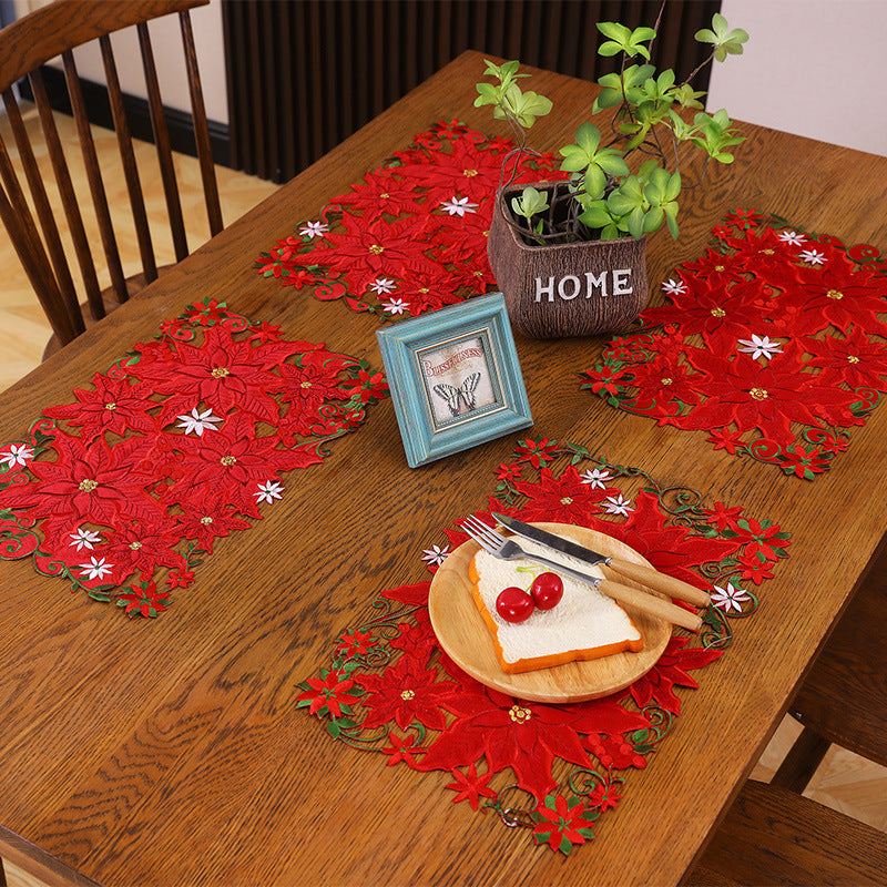 Jogo de Mesa Natalino Bordado Flores Vermelhas