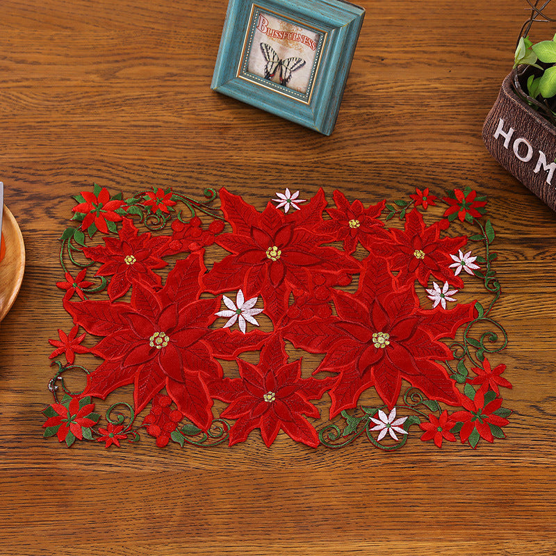 Jogo de Mesa Natalino Bordado Flores Vermelhas