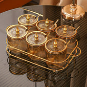 Conjunto de Potes de Temperos de Vidro com Tampa Dourada e Colher