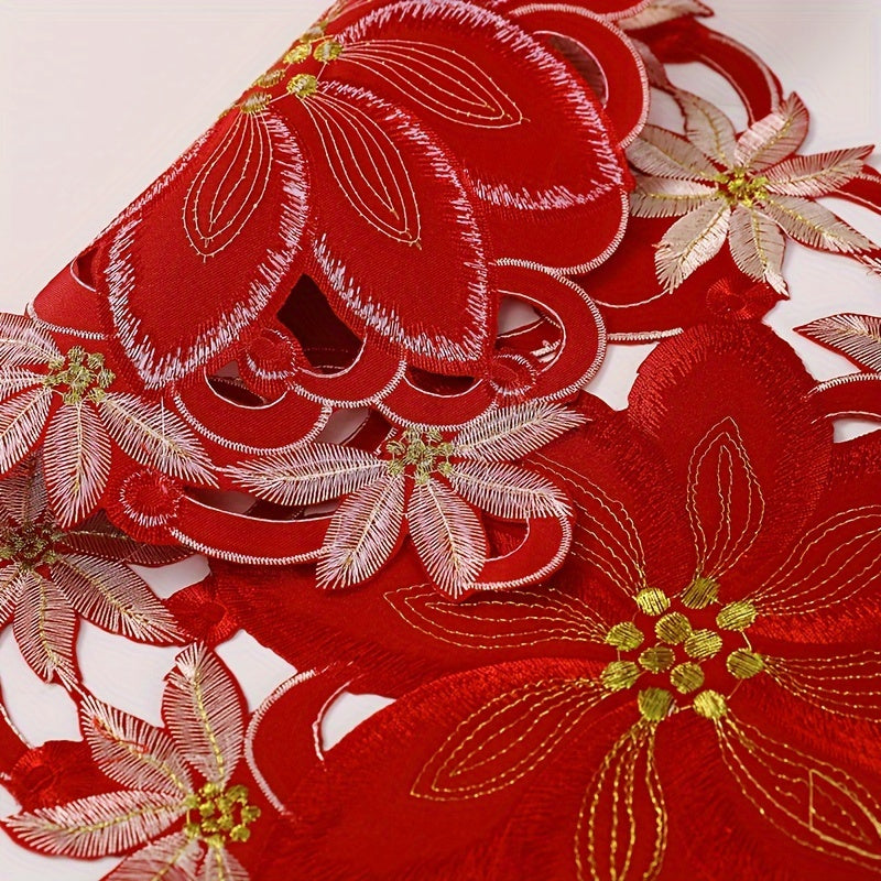 Caminho de Mesa Natalino Vermelho e Dourado Bordado Floral