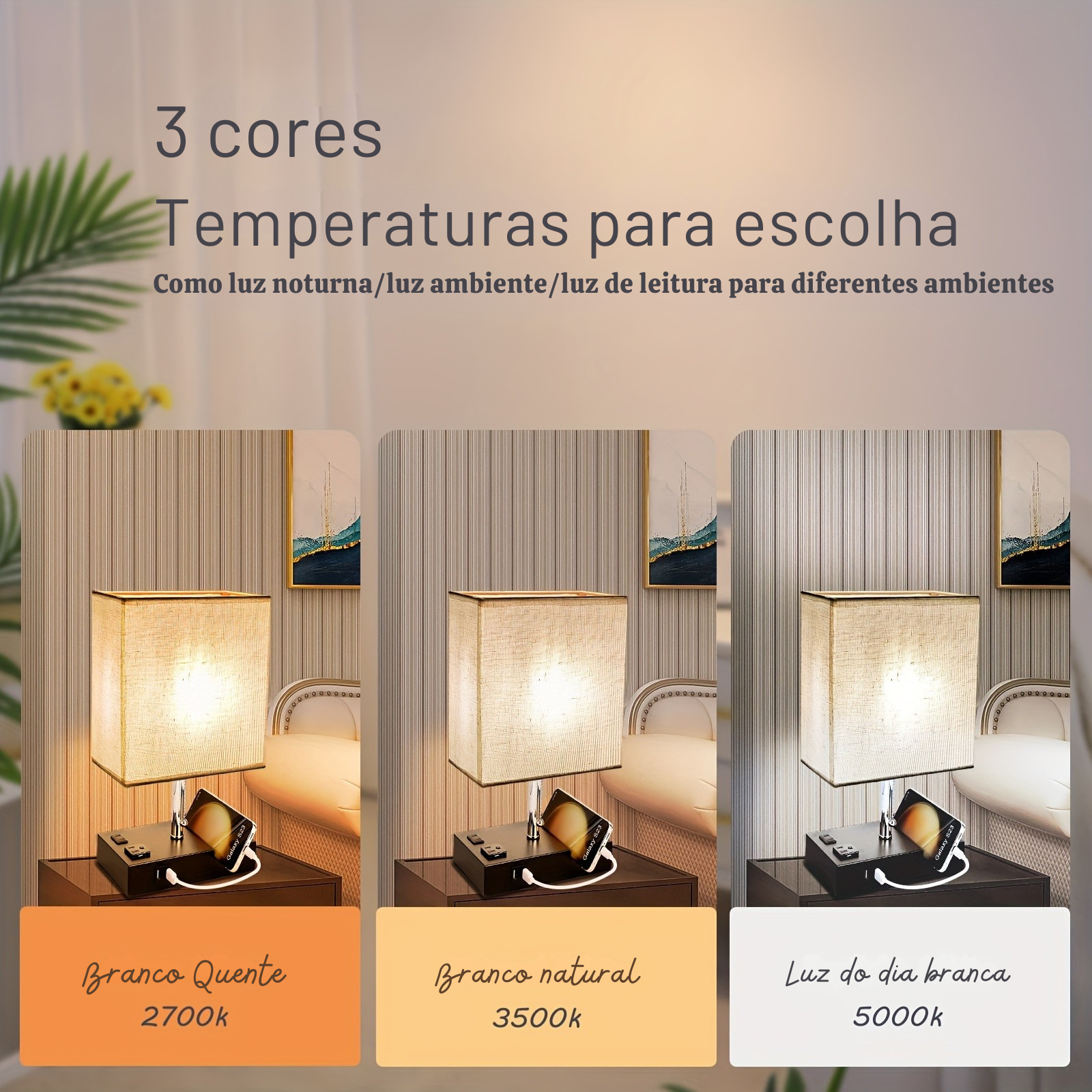 Luminária de Cabeceira LED 3 Cores, USB + Tomada AC Controle por Zíper