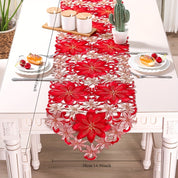 Caminho de Mesa Natalino Vermelho e Dourado Bordado Floral