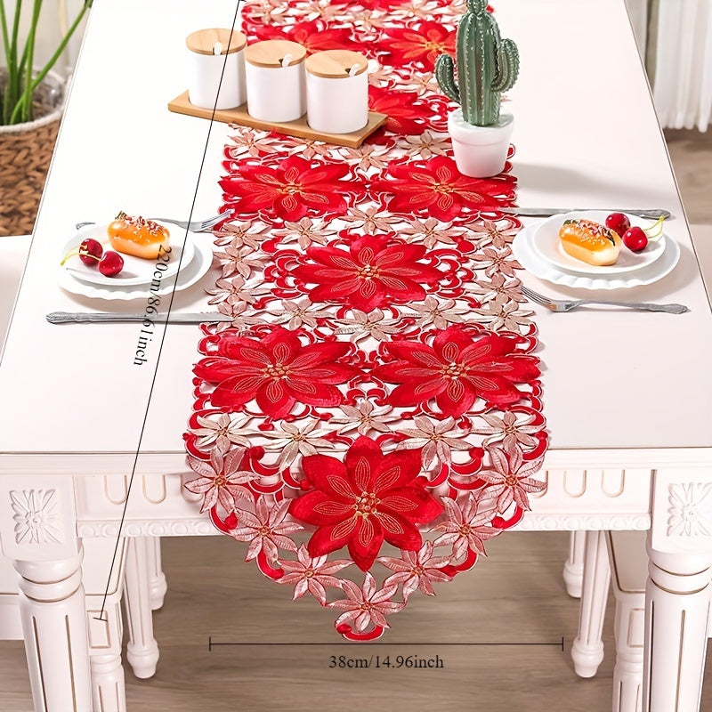 Caminho de Mesa Natalino Vermelho e Dourado Bordado Floral