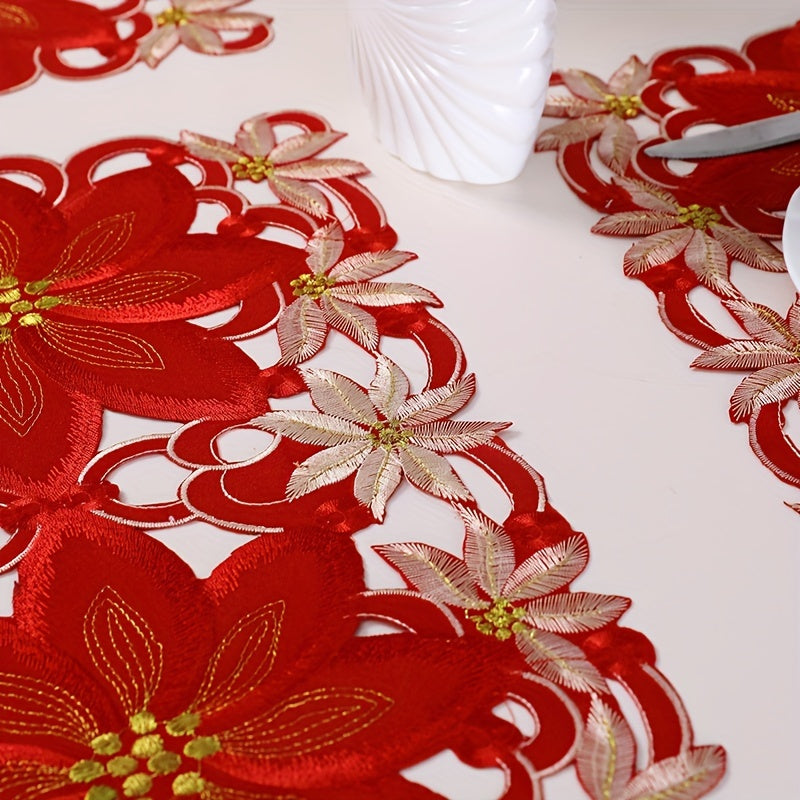 Caminho de Mesa Natalino Vermelho e Dourado Bordado Floral