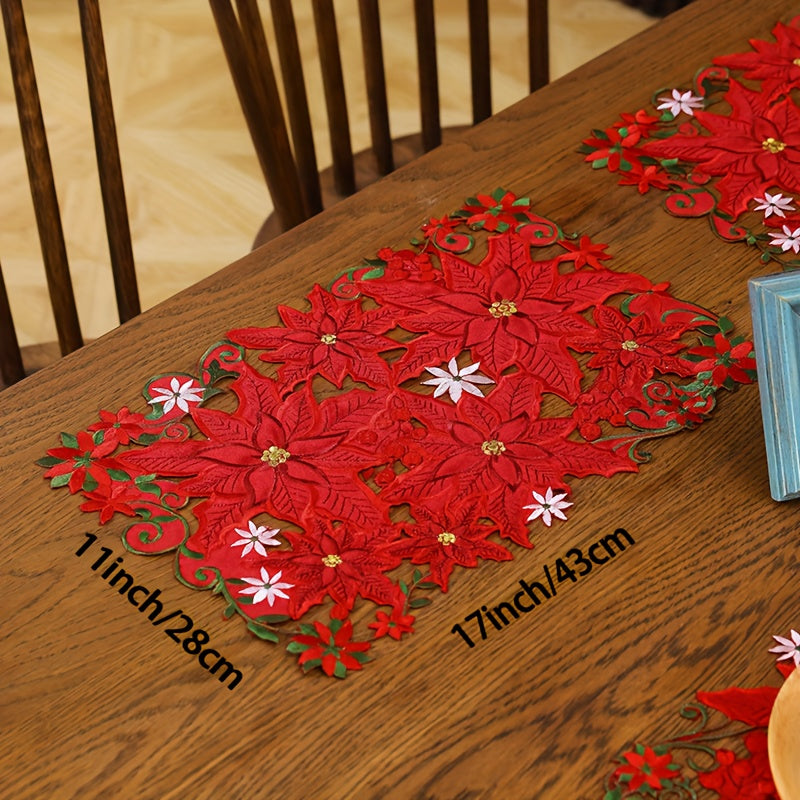 Jogo de Mesa Natalino Bordado Flores Vermelhas