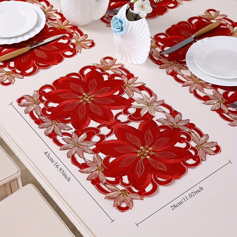 Caminho de Mesa Natalino Vermelho e Dourado Bordado Floral