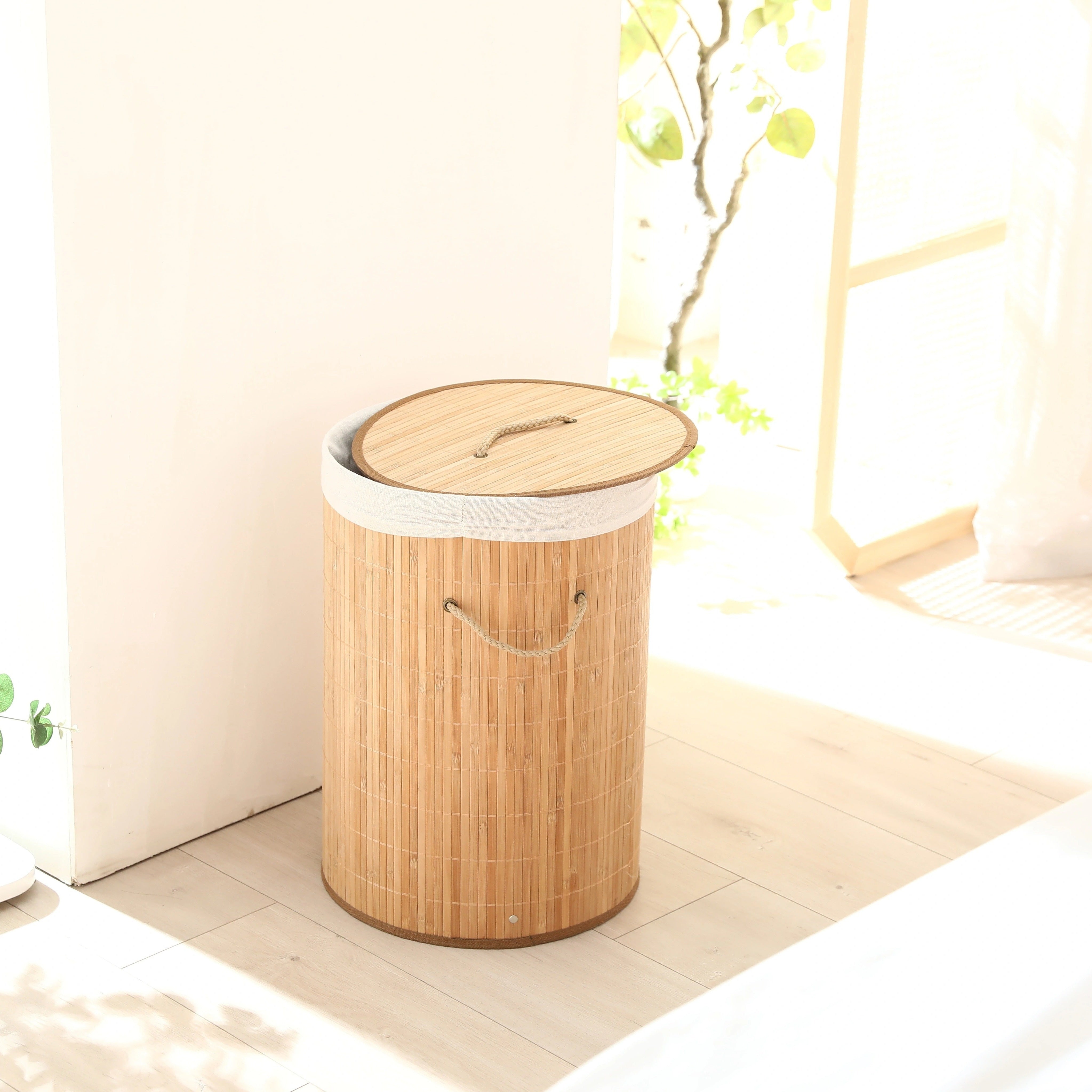 Cesto de Roupas Dobrável Natural em Bambu