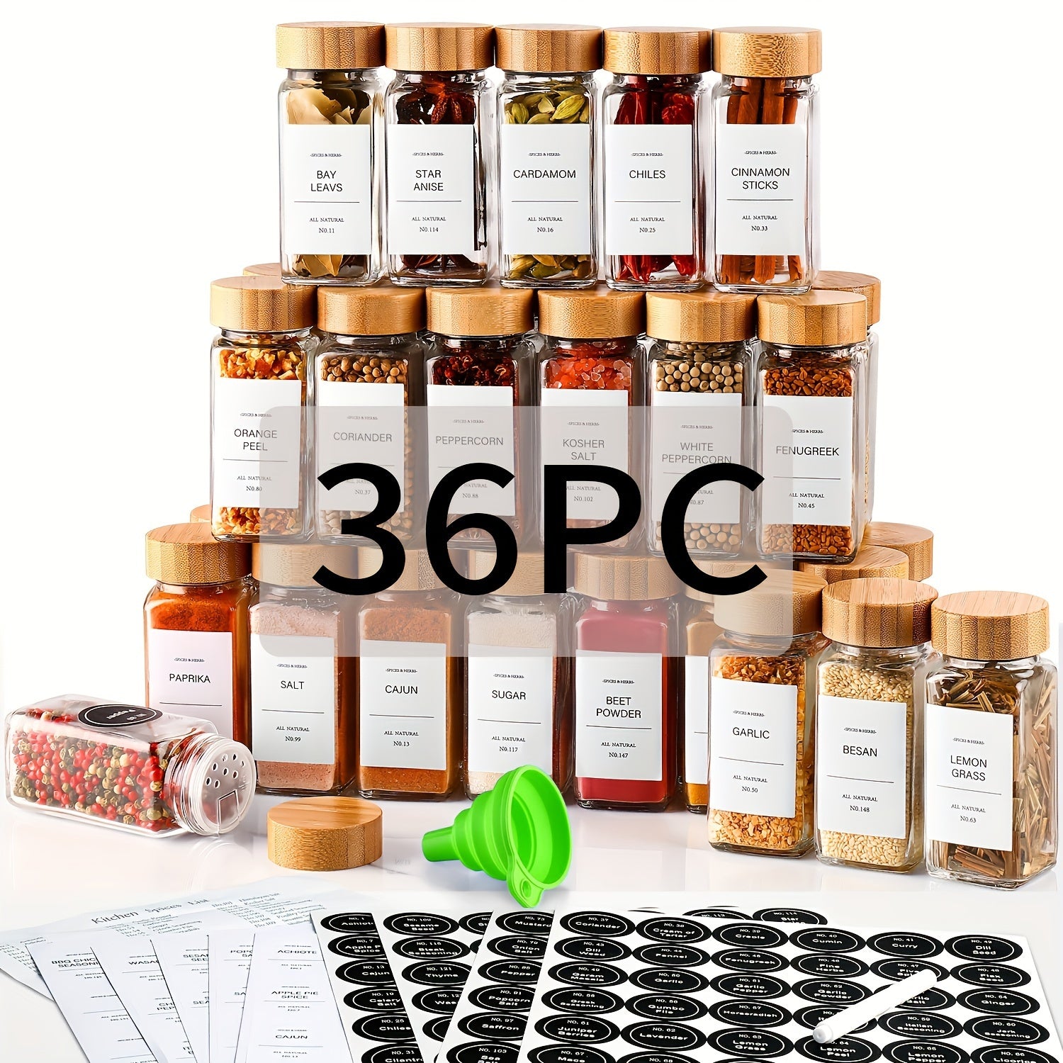 Kit Elegance Porta-Temperos com Tampa de Bambu em Vidro 15/24/36 unid.