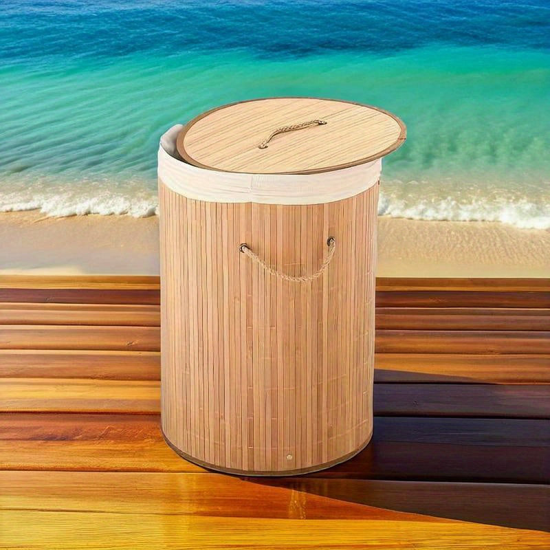 Cesto de Roupas Dobrável Natural em Bambu