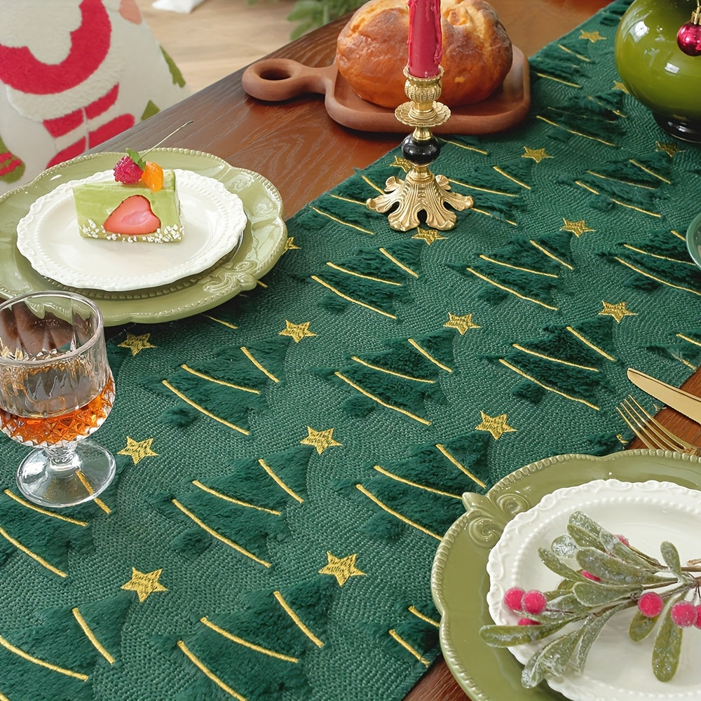 Caminho de Mesa Natalino Verde com Bordado Trévo Folha-de-Ouro