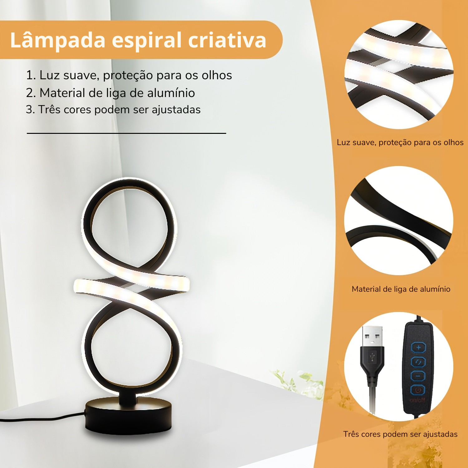 Luminária LED Elegante USB com Brilho Ajustável