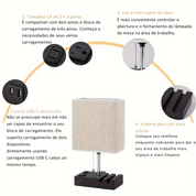 Luminária de Cabeceira LED 3 Cores, USB + Tomada AC Controle por Zíper
