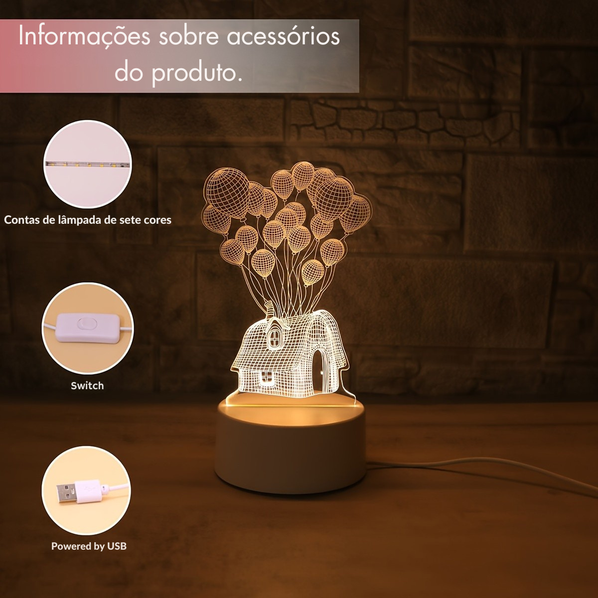 Luminária LED 3D Casa de Balões