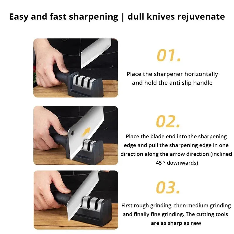 1Pc Black Kitchen Three Segment Knife Sharpener Household Multi Functional Hand Held Three Purpose Sharpening Stone Kitchen Tool