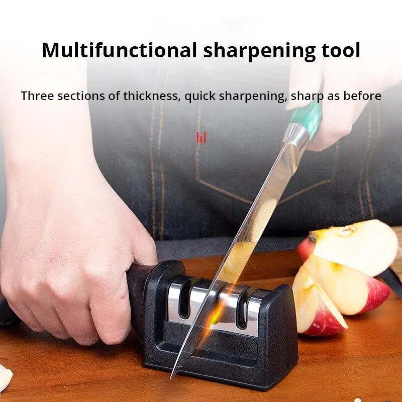 1Pc Black Kitchen Three Segment Knife Sharpener Household Multi Functional Hand Held Three Purpose Sharpening Stone Kitchen Tool