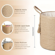 Cesto Trançado Natural de Juta com Contas de Madeira