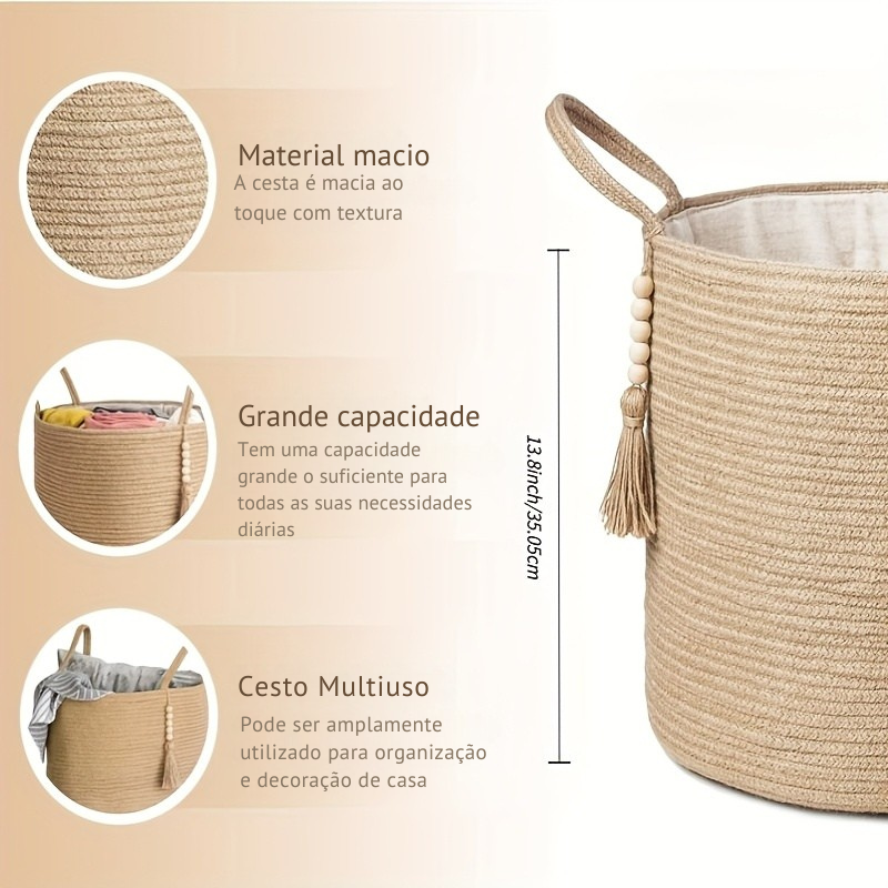 Cesto Trançado Natural de Juta com Contas de Madeira