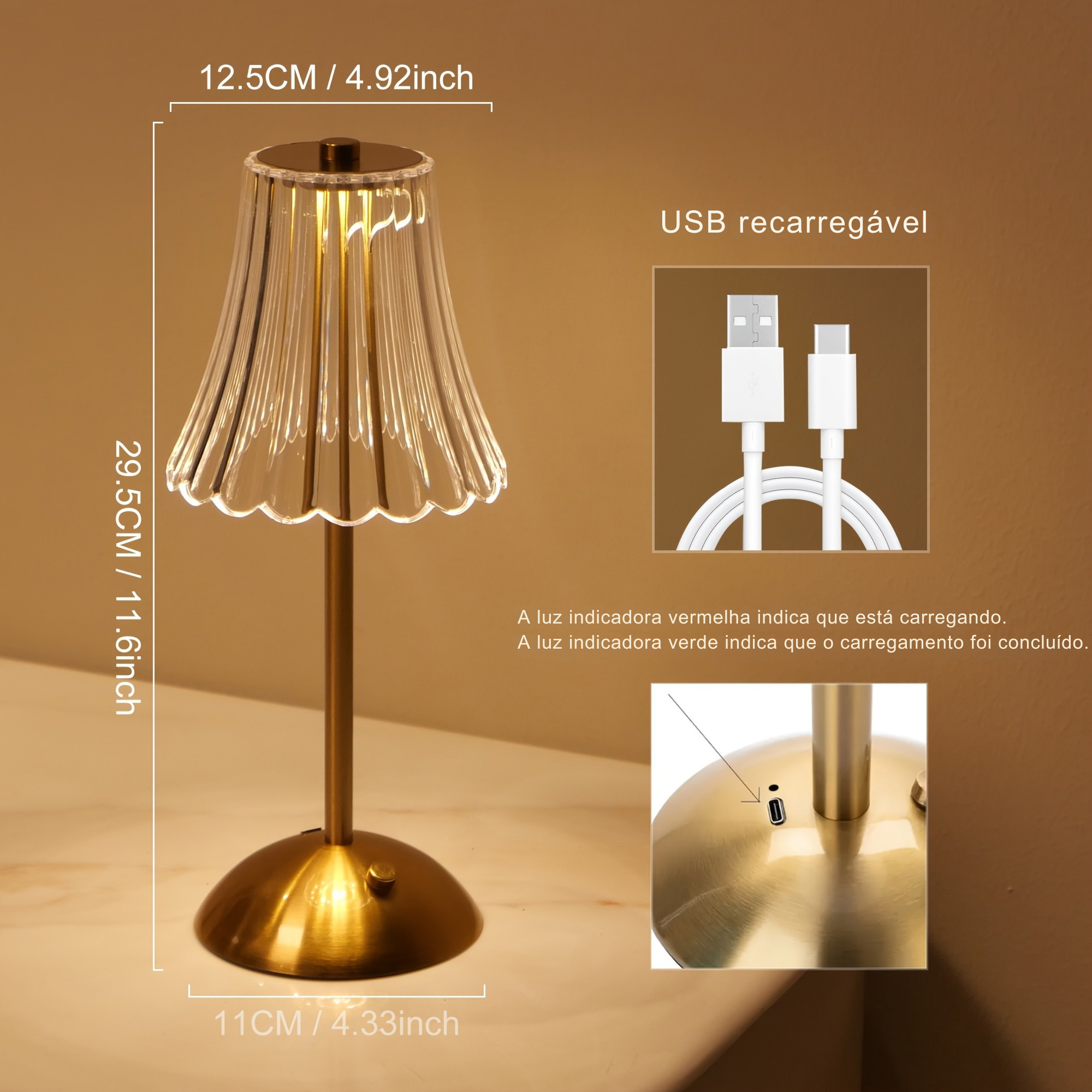Luminária de Mesa Tricolor LED Cristal Touch