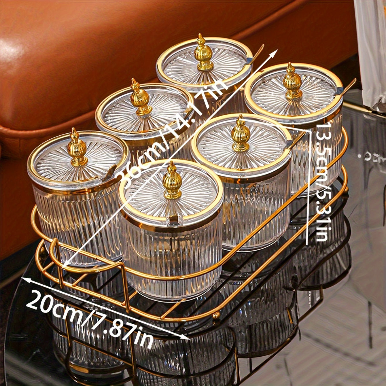 Conjunto de Potes de Temperos de Vidro com Tampa Dourada e Colher