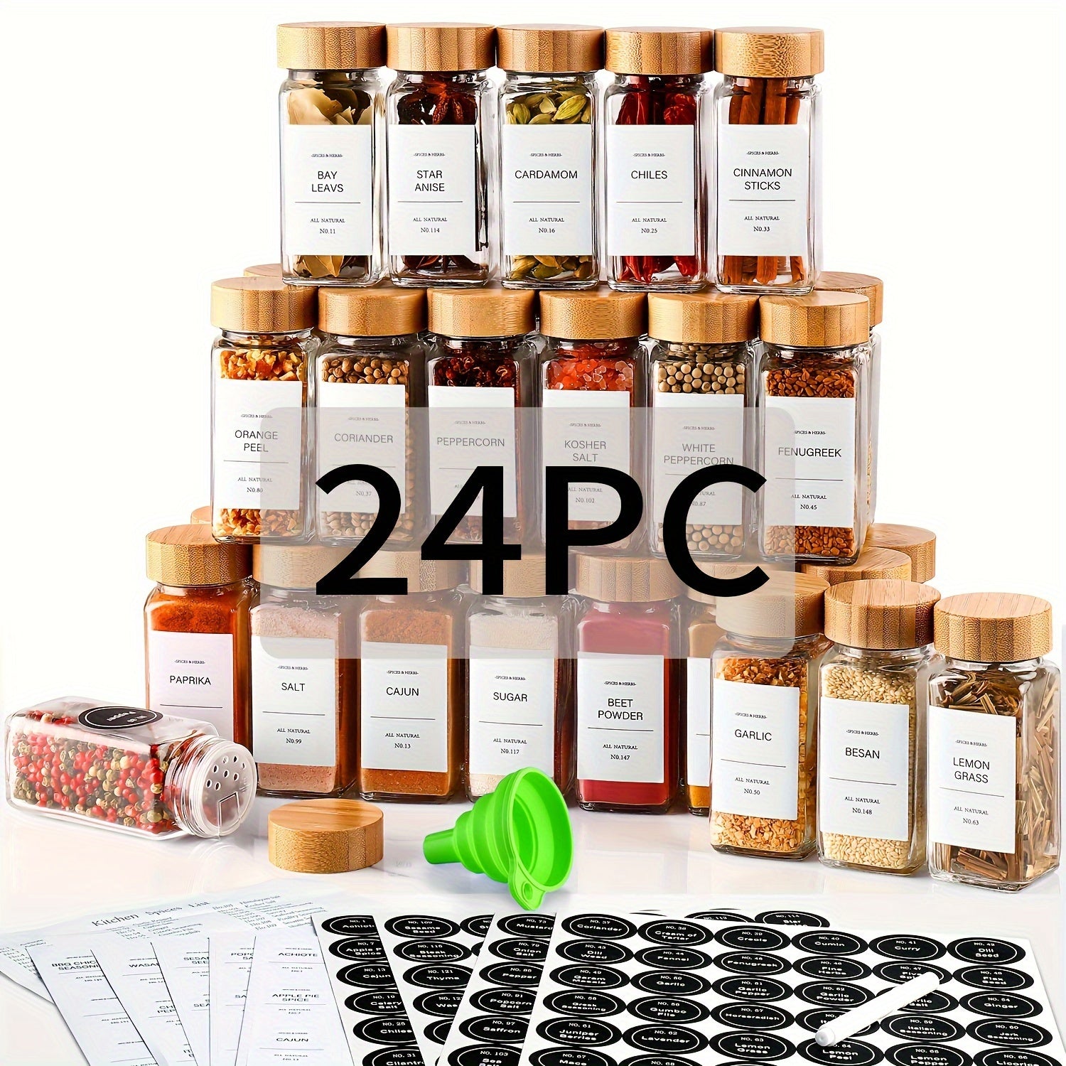 Kit Elegance Porta-Temperos com Tampa de Bambu em Vidro 15/24/36 unid.