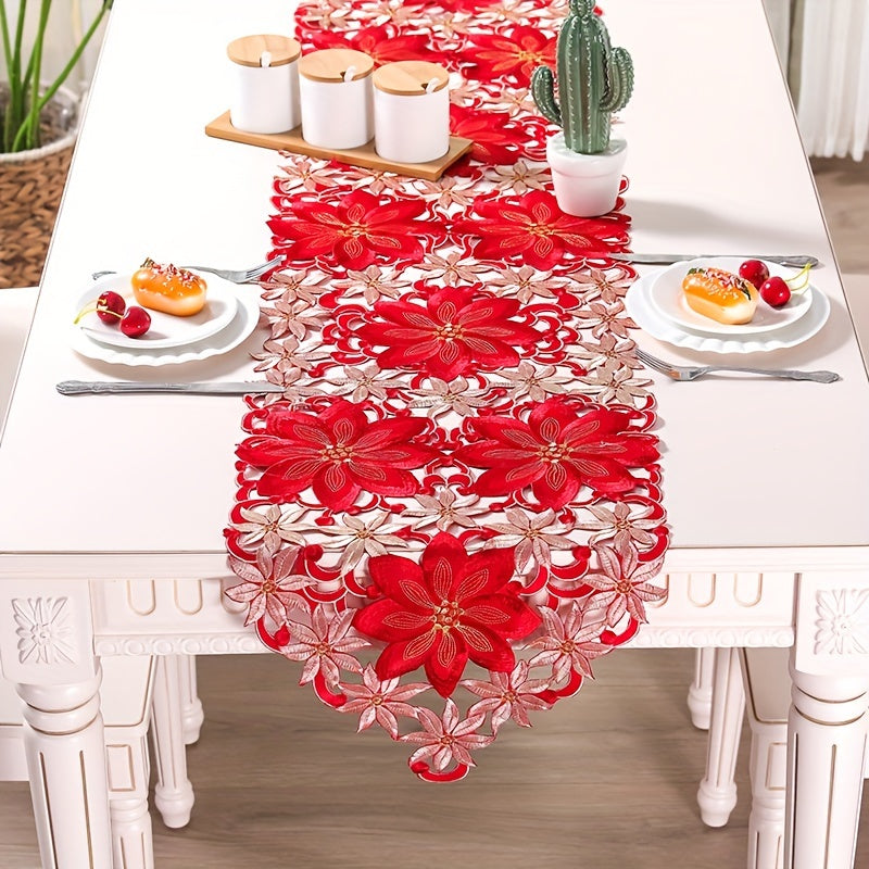 Caminho de Mesa Natalino Vermelho e Dourado Bordado Floral