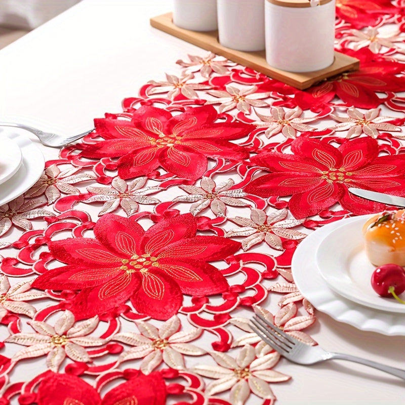 Caminho de Mesa Natalino Vermelho e Dourado Bordado Floral