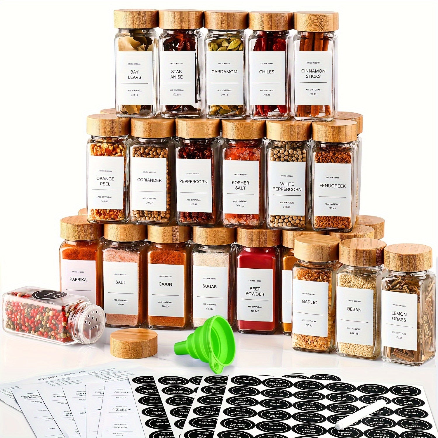 Kit Elegance Porta-Temperos com Tampa de Bambu em Vidro 15/24/36 unid.