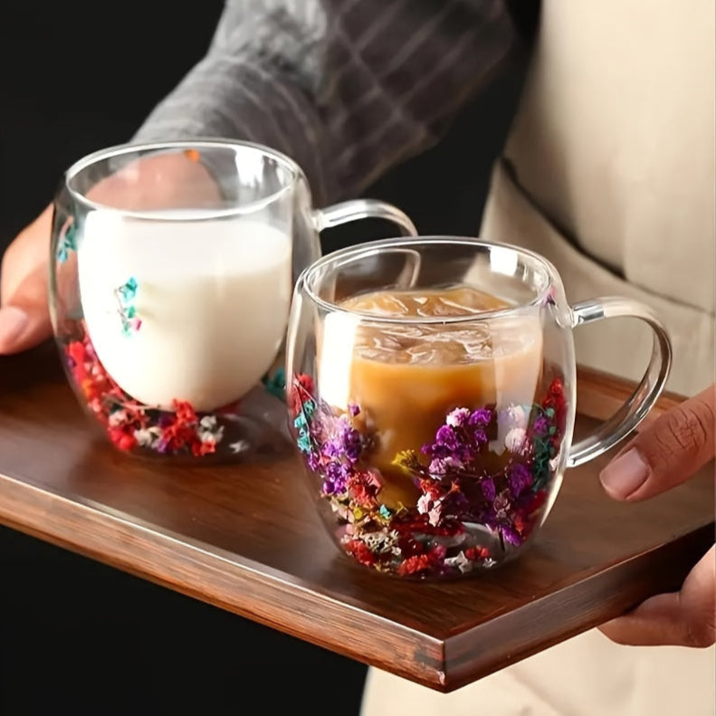 Caneca de Vidro Dupla Camada com Estampa Floral