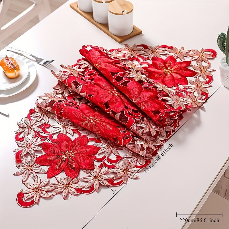 Caminho de Mesa Natalino Vermelho e Dourado Bordado Floral
