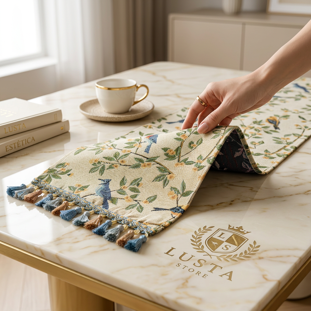 Caminho de Mesa Algodão Floral em Tassel
