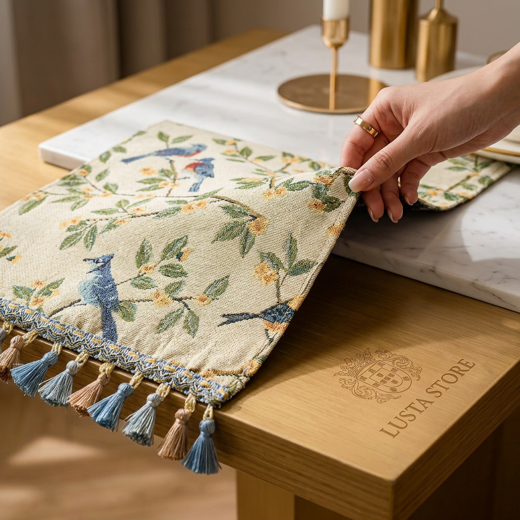 Caminho de Mesa Algodão Floral em Tassel