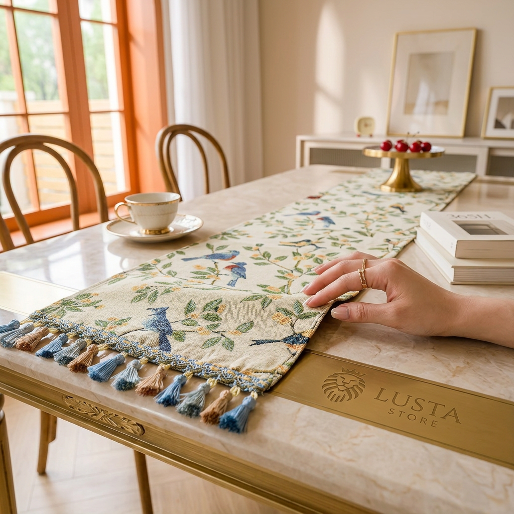 Caminho de Mesa Algodão Floral em Tassel